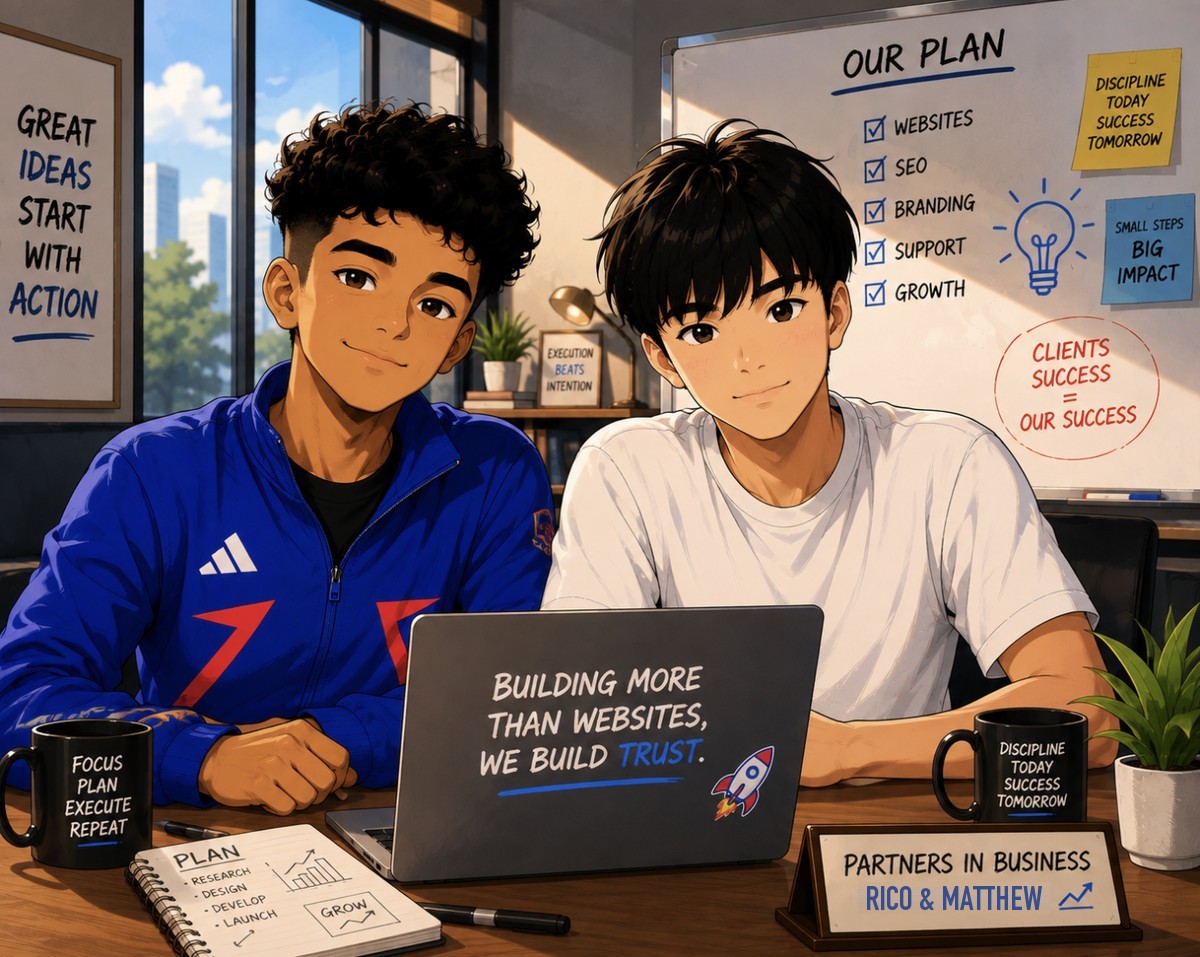 Illustrated portrait of Rico Wang and Matthew George at their desk, with the studio's plan on the whiteboard behind them.